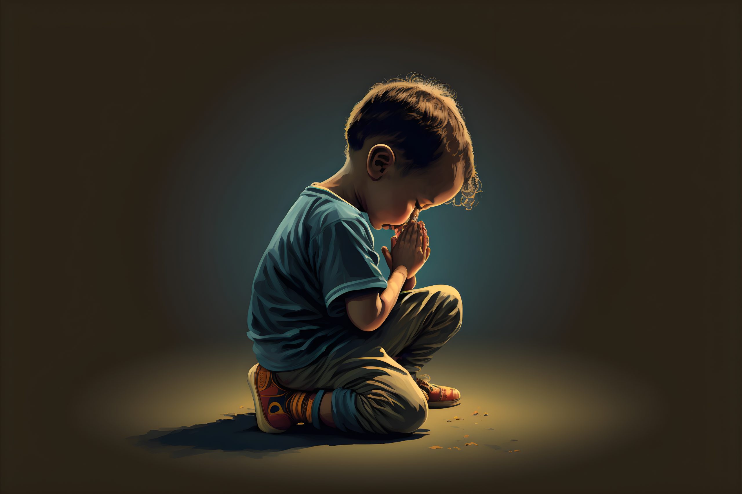 Child kneeling in prayer to god, vector. Generative AI