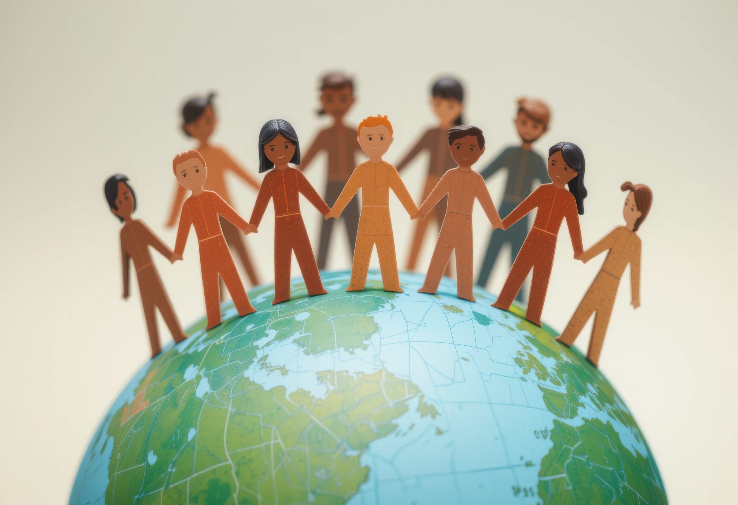 Personas recortadas en papel de distintos tonos de piel tomándose de la mano en una ilustración de un globo terráqueo, celebrando la amistad y la paz internacionales