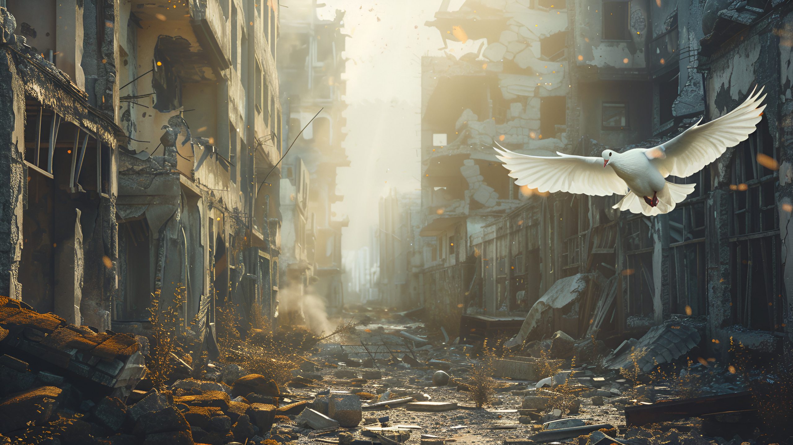 una paloma de paz esperanza y libertad en el mundo sobre un fondo de una ciudad destruida por las calles desolada y sin esperanza