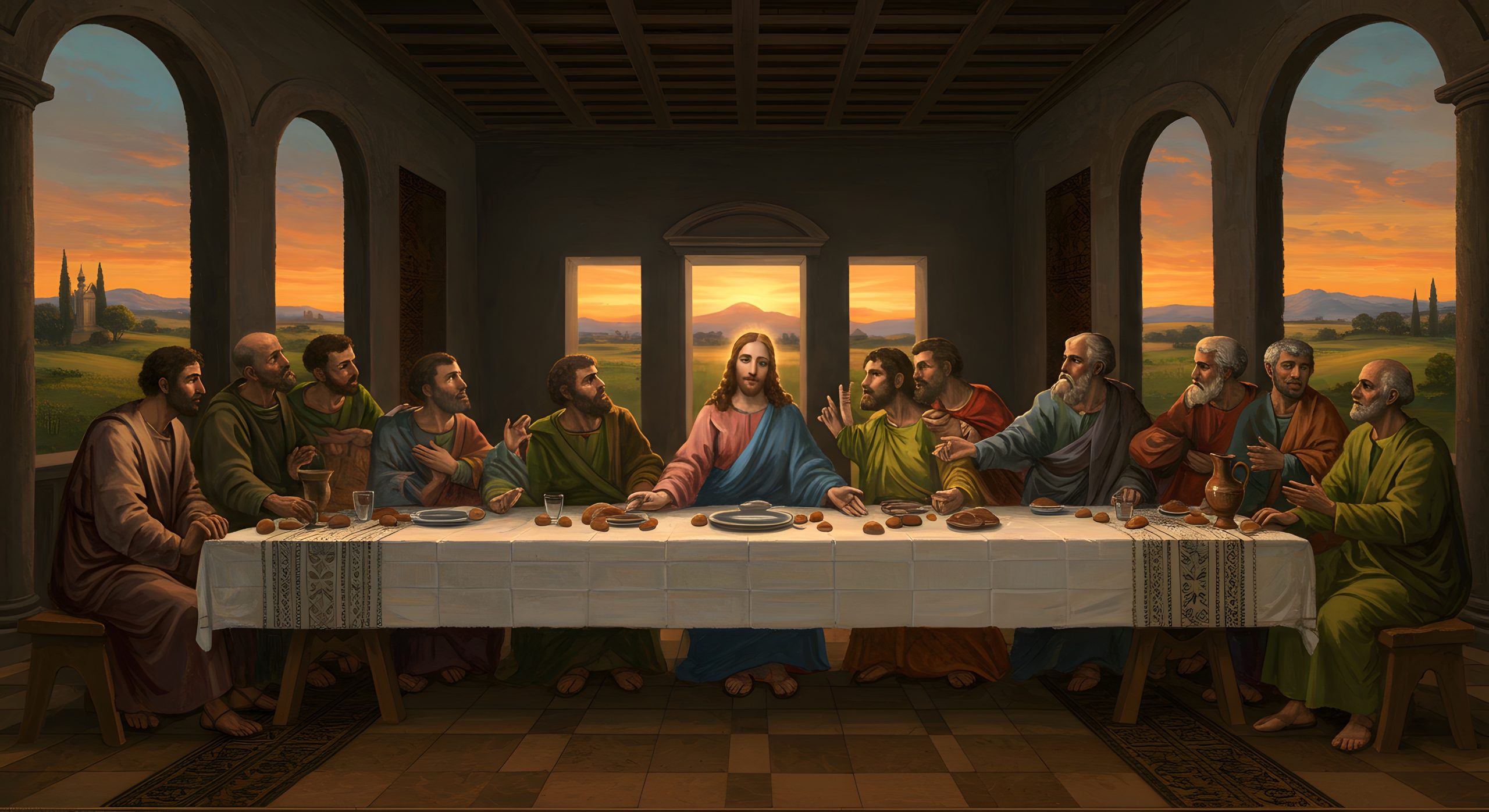 The Last Supper Painting Jesus and Apostles at Table, Religion Art, Biblical Scene, Renaissance Style, Sunset, Church