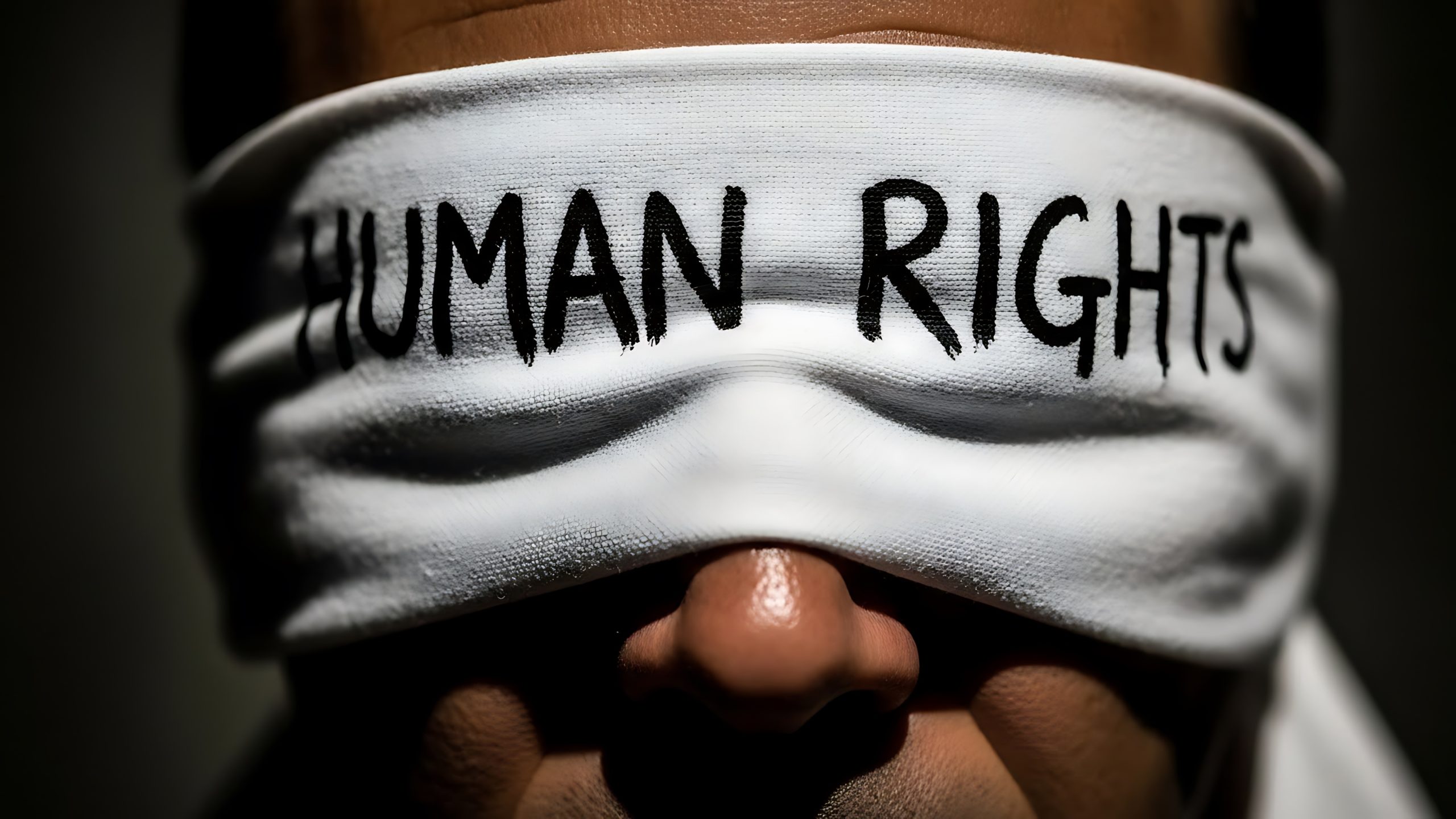 Closeup of a person blindfolded with a white cloth band featuring the words human rights written across the eyes, symbolizing justice, oppression, or advocacy