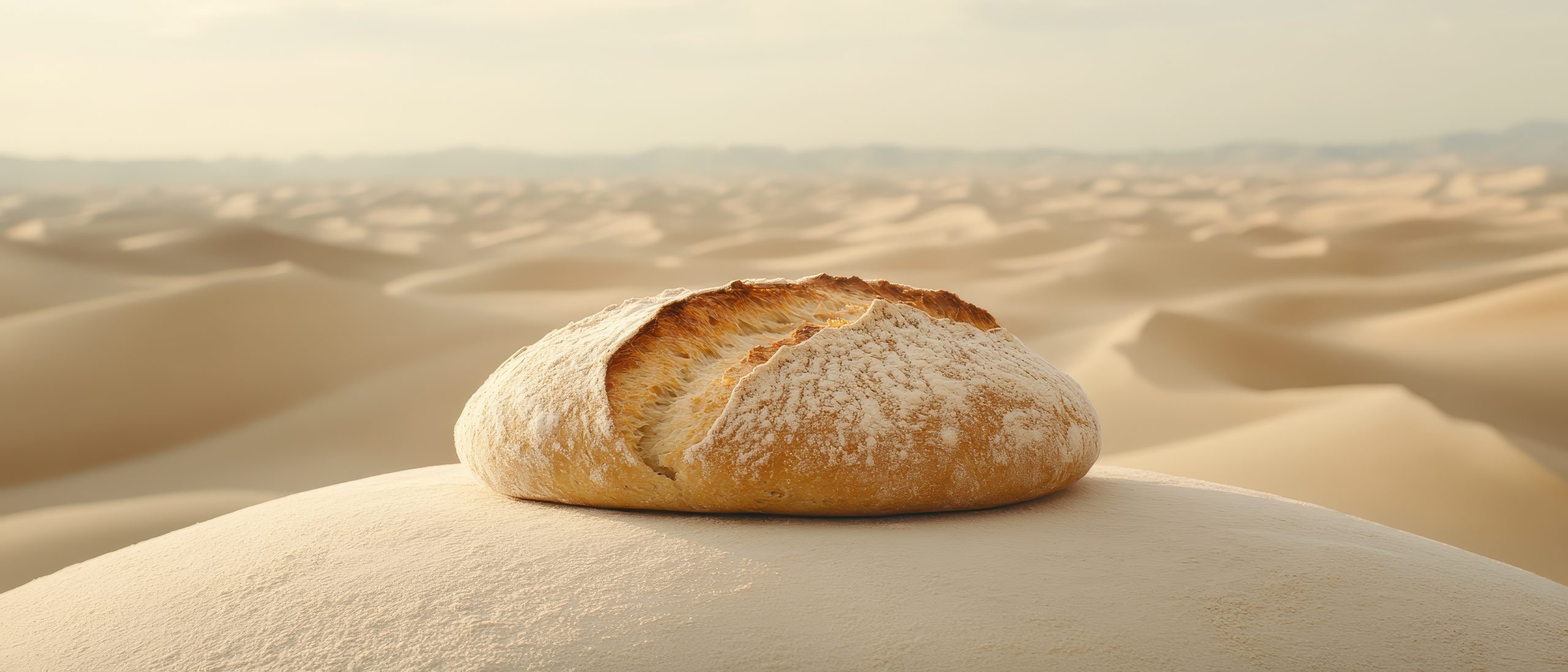 Rustic round bread loaf resting on warm golden sand dune. Fresh baked food in vast desert landscape with clear sky